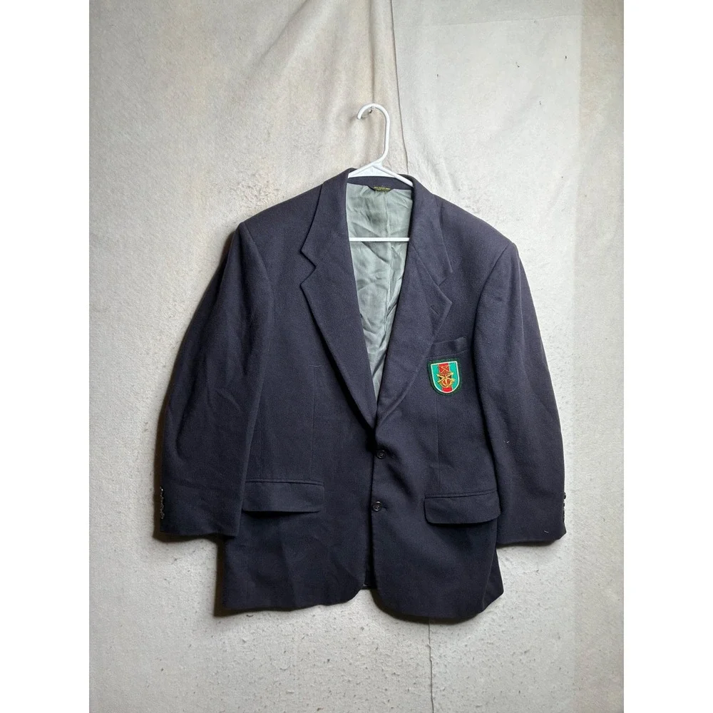 Bill Blass 100% Camelhair Blazer Navy Blue Crest Patch Sport Coat Made in USA